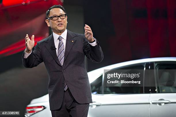 Akio Toyoda, president of Toyota Motor Corp., speaks during the 2017 North American International Auto Show in Detroit, Michigan, U.S., on Monday,...