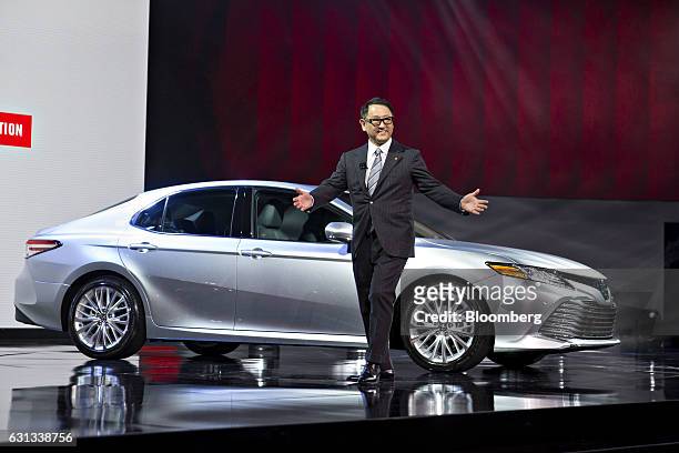 Akio Toyoda, president of Toyota Motor Corp., gestures during the 2017 North American International Auto Show in Detroit, Michigan, U.S., on Monday,...