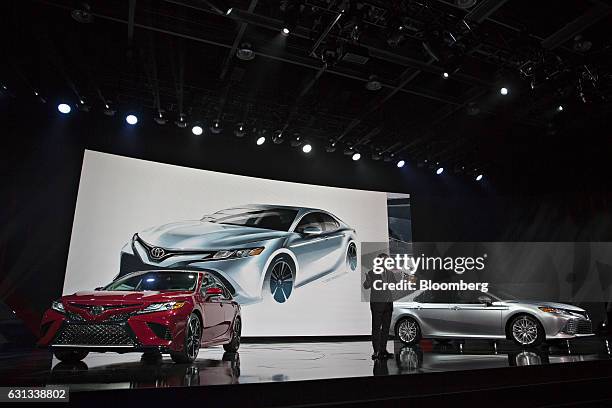 Akio Toyoda, president of Toyota Motor Corp., speaks during the 2017 North American International Auto Show in Detroit, Michigan, U.S., on Monday,...