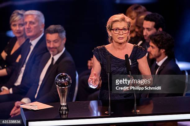 The Best FIFA Women's Coach Award winner Silvia Neid, former head coach of the German women national football team, speaks during The Best FIFA...