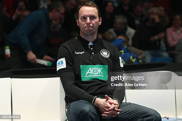 Head coach Dagur Sigurdsson of Germany looks on prior to the international handball friendly match between Germany and Austria at Rothenbach-Halle on...