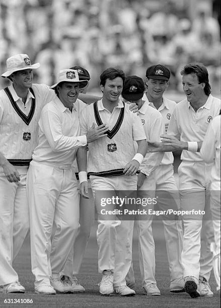 Steve Waugh of Australia celebrates with team-mates after dismissing England batsman Kim Barnett during the 3rd Test match between England and...