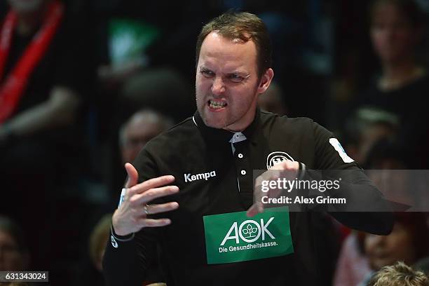 Head coach Dagur Sigurdsson of Germany reacts during the international handball friendly match between Germany and Austria at Rothenbach-Halle on...