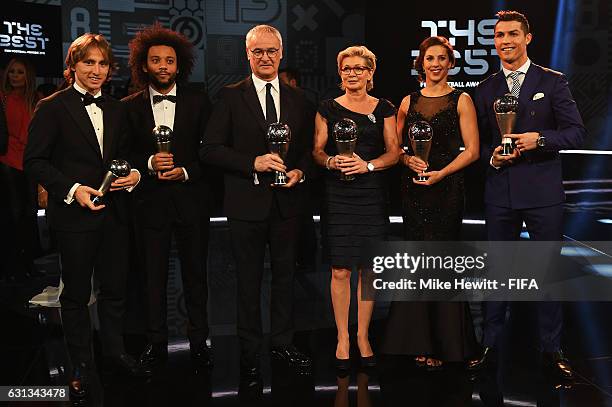 Winners Luka Modric, Marcelo, Claudio Ranieri, Silvia Neid, Carli Lloyd and Cristiano Ronaldo pose with their The Best FIFA Awards during The Best...