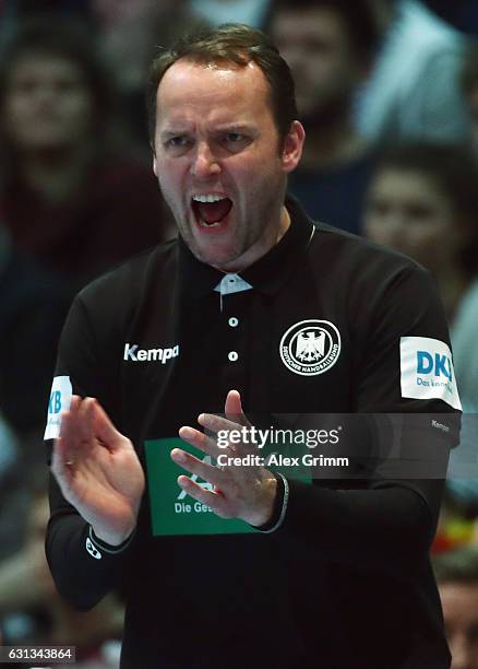 Head coach Dagur Sigurdsson of Germany reacts during the international handball friendly match between Germany and Austria at Rothenbach-Halle on...