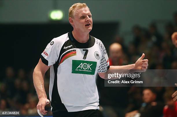 Patrick Wiencek of Germany celebrates a goal during the international handball friendly match between Germany and Austria at Rothenbach-Halle on...