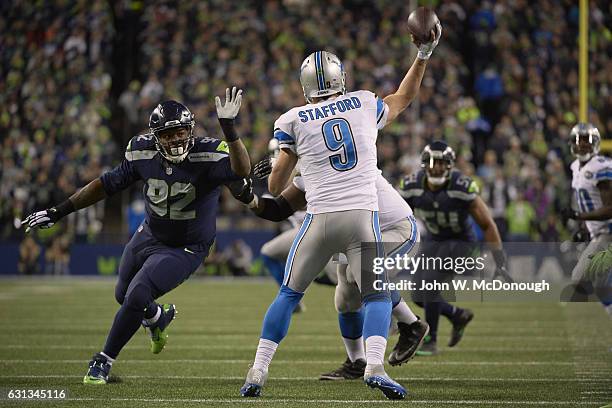 Playoffs: Rear view of Detroit Lions QB Matthew Stafford in action, passing vs Seattle Seahawks at CenturyLink Field. Seattle, WA 1/7/2017 CREDIT:...