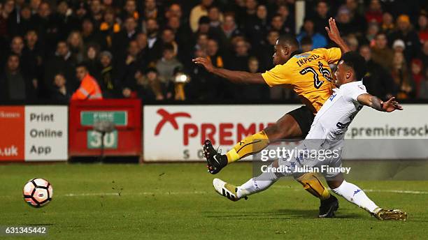 Uche Ikpeazu of Cambridge United scores their first goal during the Emirates FA Cup Third Round match between Cambridge United and Leeds United at...