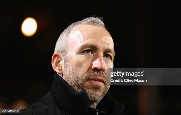 Shaun Derry manager of Cambridge United looks on prior to the Emirates FA Cup Third Round match between Cambridge United and Leeds United at Cambs...