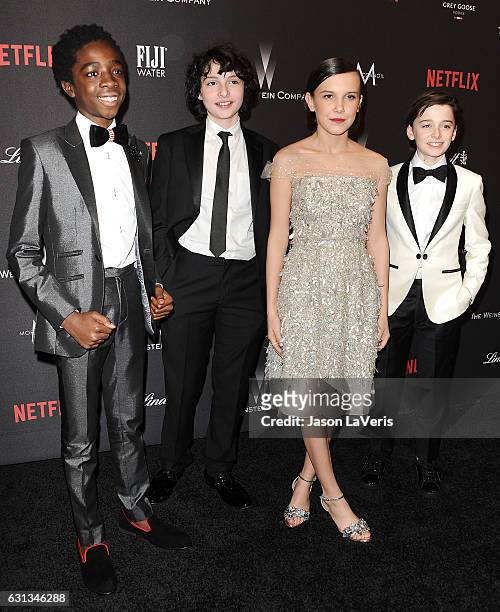 Caleb McLaughlin, Finn Wolfhard, Millie Bobby Brown and Noah Schnapp attend the 2017 Weinstein Company and Netflix Golden Globes after party on...