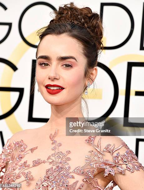 Lily Collins arrives at the 74th Annual Golden Globe Awards at The Beverly Hilton Hotel on January 8, 2017 in Beverly Hills, California.