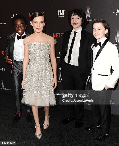 Caleb McLaughlin, Millie Bobby Brown, Finn Wolfhard and Noah Schnapp attend the 2017 Weinstein Company and Netflix Golden Globes after party on...