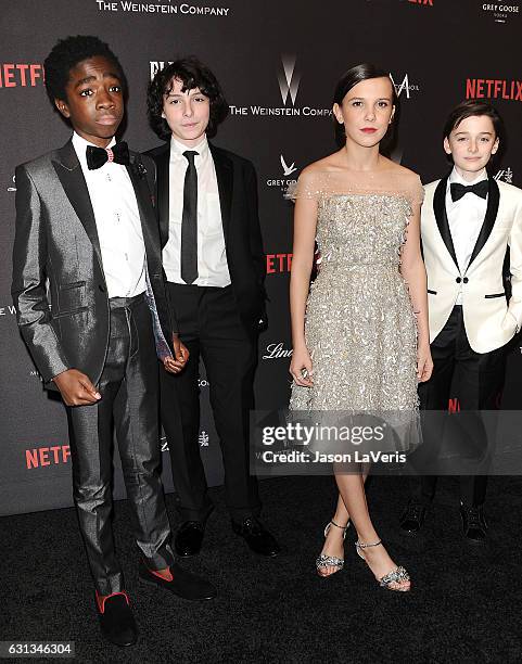 Caleb McLaughlin, Finn Wolfhard, Millie Bobby Brown and Noah Schnapp attend the 2017 Weinstein Company and Netflix Golden Globes after party on...