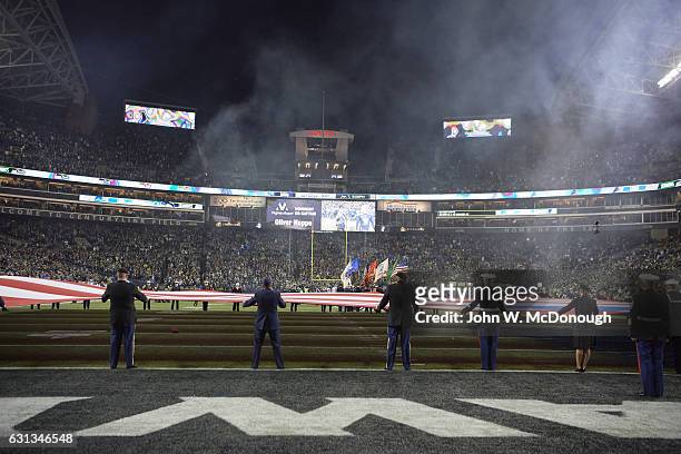 Playoffs: View of USA flag unfurled on field during anthem before Seattle Seahawks game at CenturyLink Field. Seattle, WA 1/7/2017 CREDIT: John W....