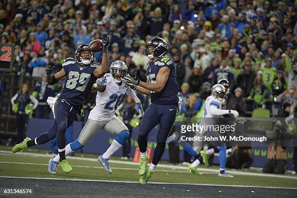 Playoffs: Seattle Seahawks Doug Baldwin and Jermaine Kearse in action vs Detroit Lions Don Carey after game at CenturyLink Field. Seattle, WA...