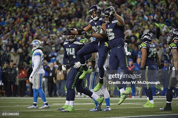 Playoffs: Seattle Seahawks Doug Baldwin and Jermaine Kearse victorious during game vs Detroit Lions at CenturyLink Field. Seattle, WA 1/7/2017...