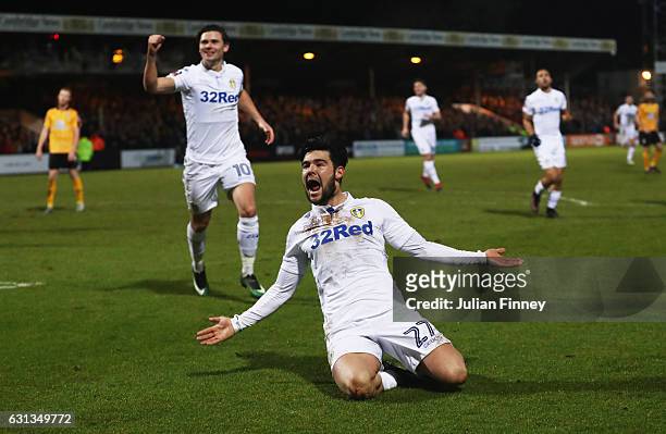 Alex Mowatt of Leeds United celebrates as he scores their second goal during the Emirates FA Cup Third Round match between Cambridge United and Leeds...