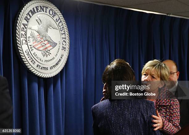 Mary Rizzo, right, the mother of Jonathan Rizzo, who was murdered by Gary Lee Sampson, embraces US District Attorney Carmen Ortiz after they...