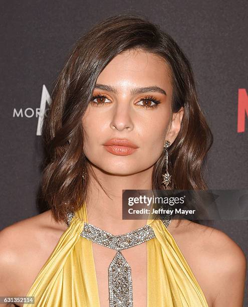 Model-actress Emily Ratajkowski attends The Weinstein Company and Netflix Golden Globe Party, presented with FIJI Water, Grey Goose Vodka, Lindt...