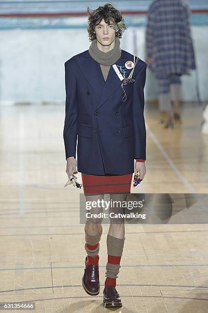 Model walks the runway at the Vivienne Westwood Autumn Winter 2017 fashion show during London Menswear Fashion Week on January 9, 2017 in London,...