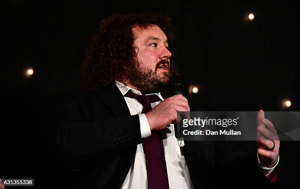 Adam Jones of Wales and Harlequins speaks during the Rugby Union Writers' Club Annual Dinner & Awards at the London Marriott Hotel Grosvenor Square...