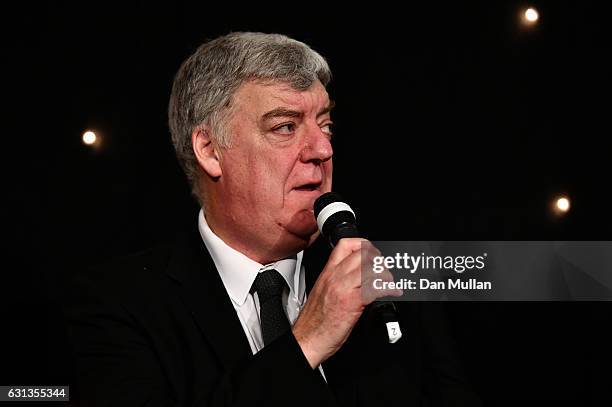 Stephen Jones of the Times speaks during the Rugby Union Writers' Club Annual Dinner & Awards at the London Marriott Hotel Grosvenor Square on...