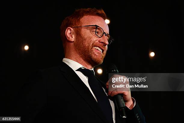 Ben Ryan speaks after receiving the Rugby Union Writers' Special Award during the Rugby Union Writers' Club Annual Dinner & Awards at the London...