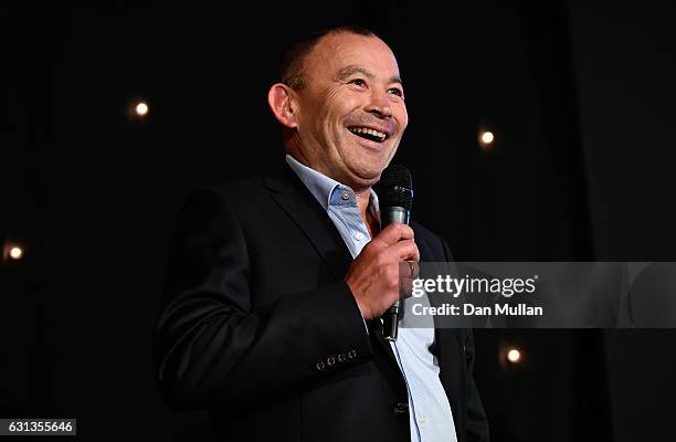 Eddie Jones, Head Coach of England speaks after being presented with the Rugby Union Writers' Club Pat Marshall Award during the Rugby Union Writers'...