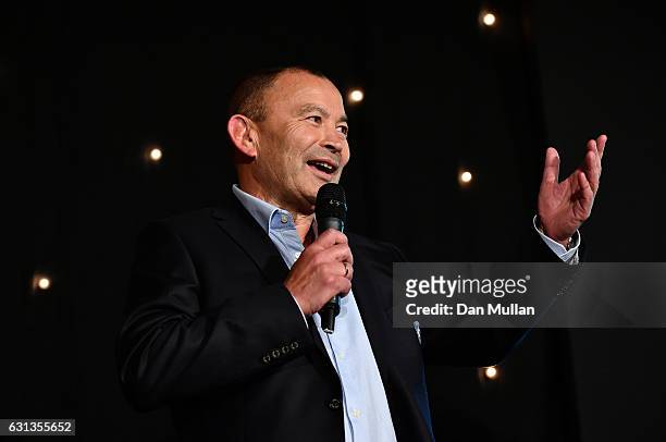 Eddie Jones, Head Coach of England speaks after being presented with the Rugby Union Writers' Club Pat Marshall Award during the Rugby Union Writers'...