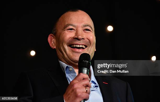 Eddie Jones, Head Coach of England speaks after being presented with the Rugby Union Writers' Club Pat Marshall Award during the Rugby Union Writers'...