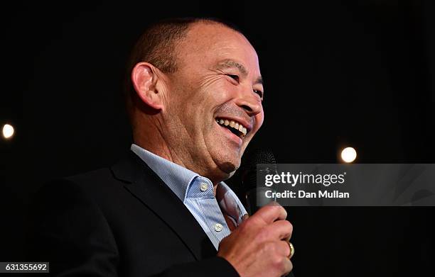 Eddie Jones, Head Coach of England speaks after being presented with the Rugby Union Writers' Club Pat Marshall Award during the Rugby Union Writers'...