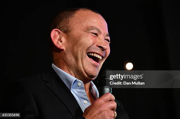 Eddie Jones, Head Coach of England speaks after being presented with the Rugby Union Writers' Club Pat Marshall Award during the Rugby Union Writers'...