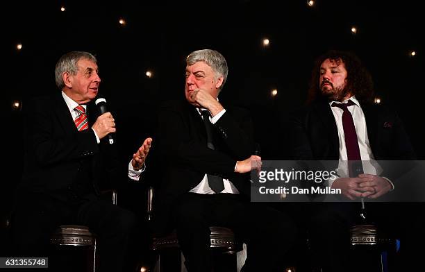 Sir Ian McGeechan, Stephen Jones of the Times and Adam Jones of Wales and Harlequins take part in a Q&A during the Rugby Union Writers' Club Annual...