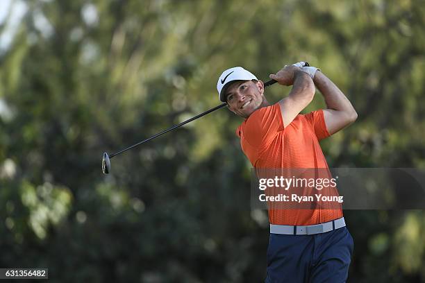 Luke Guthrie tees off on the ninth hole during the second round of The Bahamas Great Exuma Classic at Sandals - Emerald Bay Course on January 9, 2017...