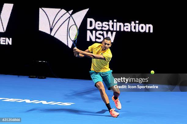 Nick Kyrgios in action during the FAST4 Showdown AUS v WORLD played at the International Convention Center in Sydney. Nick Kyrgios defeated Rafael...