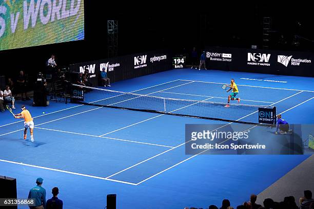 Nick Kyrgios and Rafael Nadal in action during the FAST4 Showdown AUS v WORLD played at the International Convention Center in Sydney. Nick Kyrgios...
