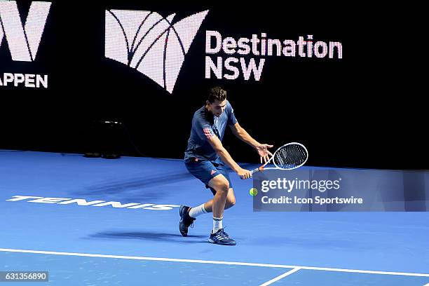 Dominic Thiem in action during the FAST4 Showdown AUS v WORLD played at the International Convention Center in Sydney. Bernard Tomic defeated Dominic...