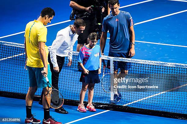 Bernard Tomic and Dominic Thiem pictured during the coin toss for the FAST4 Showdown AUS v WORLD played at the International Convention Center in...