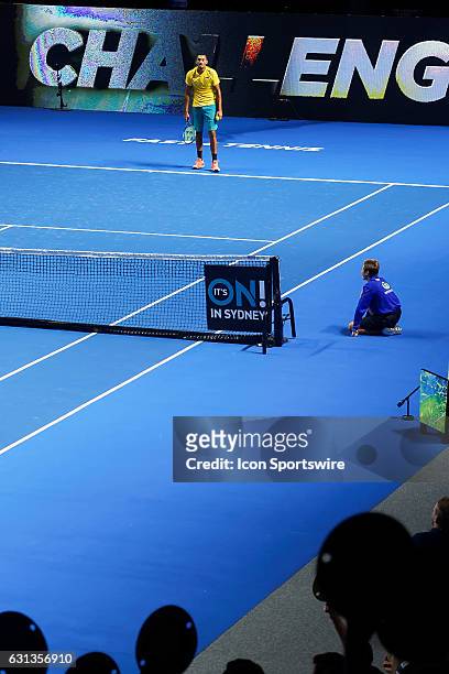 Nick Kyrgios reacts to a challenge during the FAST4 Showdown AUS v WORLD played at the International Convention Center in Sydney. The Fast4 match...