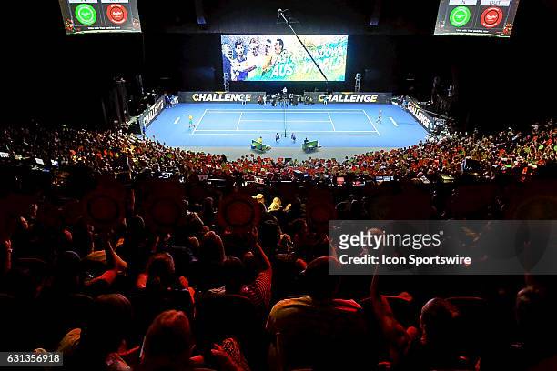 View of a challenge during the FAST4 Showdown AUS v WORLD played at the International Convention Center in Sydney. The Fast4 match umpire uses an...