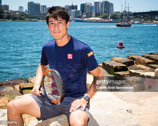 World No.5 Kei Nishikori pictured on the shore of Sydney Harbour prior to the FAST4 Showdown AUS v WORLD to be played at the International Convention...