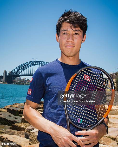 World No.5 Kei Nishikori pictured infront of Sydney Harbour Bridge prior to the FAST4 Showdown AUS v WORLD to be played at the International...