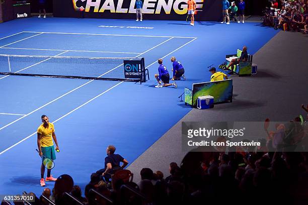 Nick Kyrgios reacts to a challenge during the FAST4 Showdown AUS v WORLD played at the International Convention Center in Sydney. The Fast4 match...