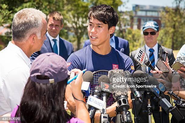 World No.5 Kei Nishikori speaks at a media call prior to the FAST4 Showdown AUS v WORLD to be played at the International Convention Center in...