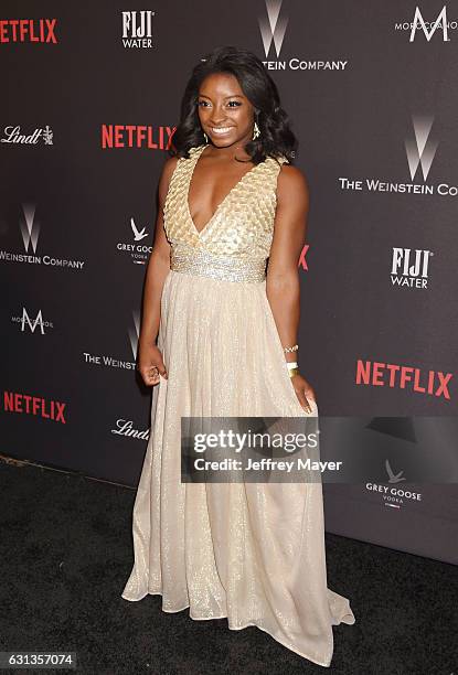 Olympic gymnast Simone Biles attends The Weinstein Company and Netflix Golden Globe Party, presented with FIJI Water, Grey Goose Vodka, Lindt...