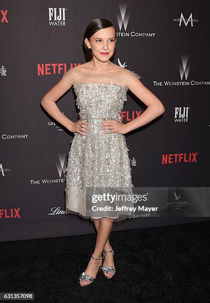 Actress Millie Bobby Brown attends The Weinstein Company and Netflix Golden Globe Party, presented with FIJI Water, Grey Goose Vodka, Lindt...