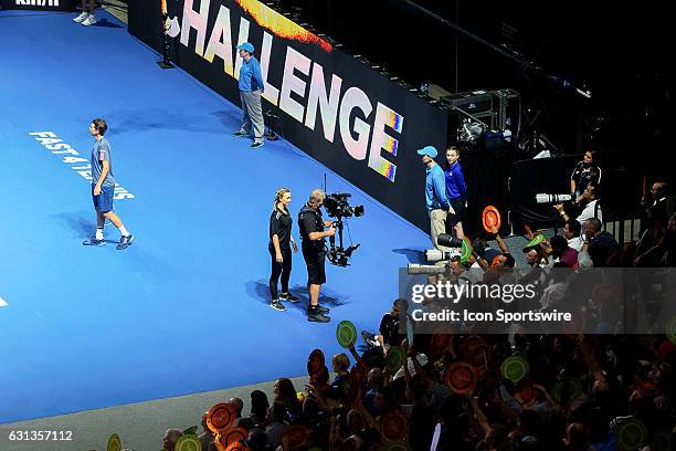 View of a challenge during the FAST4 Showdown AUS v WORLD played at the International Convention Center in Sydney. The Fast4 match umpire uses an...