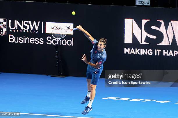 Dominic Thiem in action during the FAST4 Showdown AUS v WORLD played at the International Convention Center in Sydney. Bernard Tomic defeated Dominic...