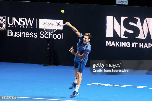 Dominic Thiem in action during the FAST4 Showdown AUS v WORLD played at the International Convention Center in Sydney. Bernard Tomic defeated Dominic...