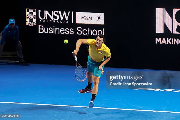 Bernard Tomic in action during the FAST4 Showdown AUS v WORLD played at the International Convention Center in Sydney. Bernard Tomic defeated Dominic...
